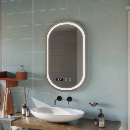 Oglinda LED Touch Konrad Sistem Dezaburire, Ceas si Temperatura 50x80 cm Rama Auriu Brushed, Lumina Calda Neutra Rece 3000K/4000K/6000K