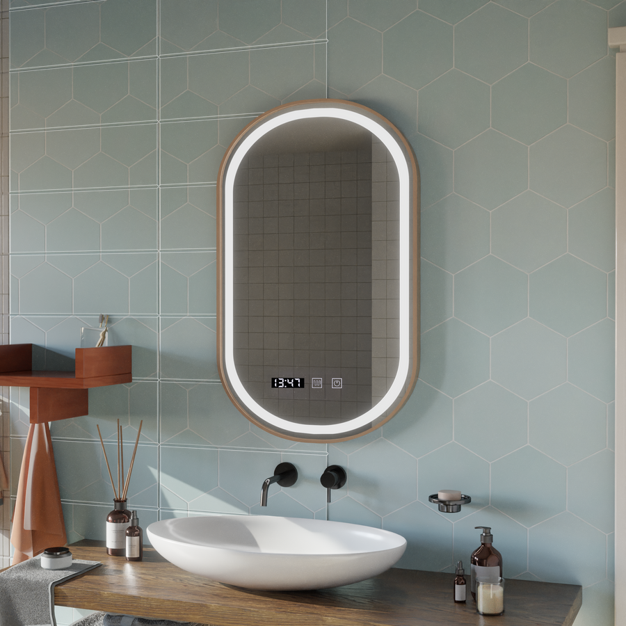 Oglinda LED Touch Konrad Sistem Dezaburire, Ceas si Temperatura 50x80 cm Rama Auriu Brushed, Lumina Calda Neutra Rece 3000K/4000K/6000K