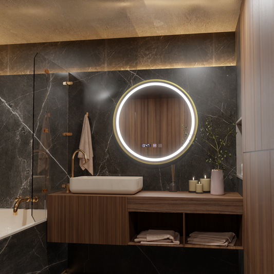 Oglinda LED Touch LUSSO Sistem Dezaburire, Ceas si Temperatura, 50 cm, rama Auriu Brushed