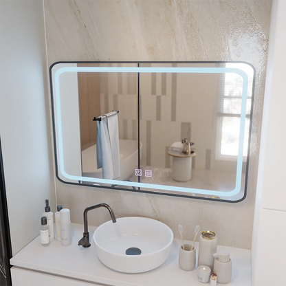 Oglinda LED Rectangulara 100x65cm EDGE Touch Sistem Dezaburire, Rama Neagra