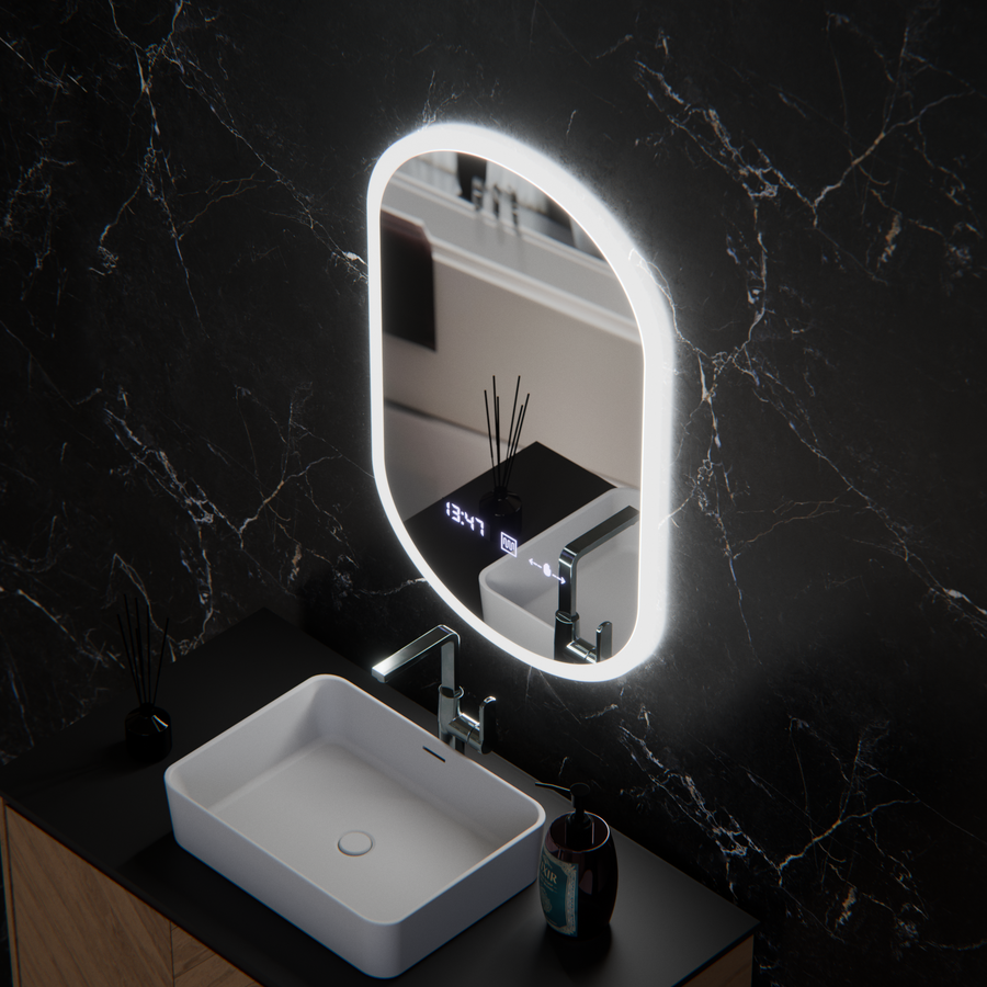 Oglinda LED Ovala, 50x80cm, Lucia Senzor Marcello, Sistem Dezaburire, Ceas & Termometru, Dimabila