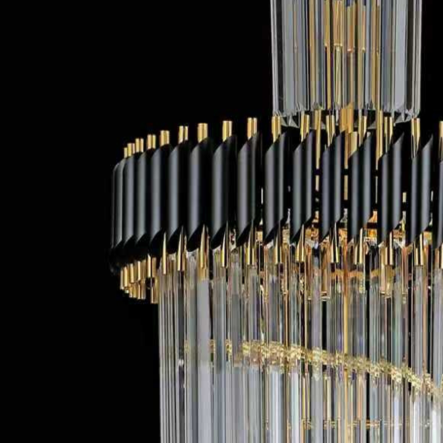 Candelabru Cristal CC900/600X1800, 26xE14, Diametru 60cm, Inaltime 1800cm, Auriu Lucios si Negru, Inaltime Reglabila, Design Elegant
