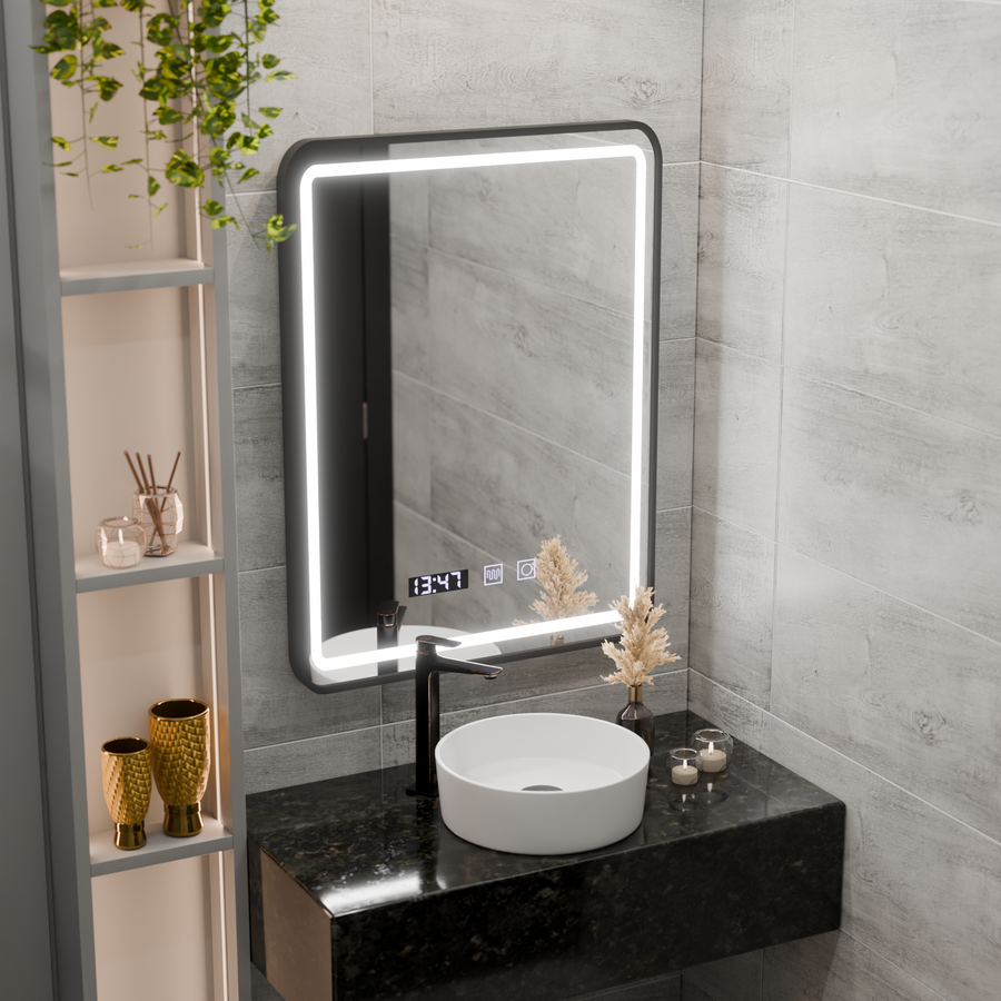 Oglinda LED Touch LUCIDA Sistem Dezaburire, Ceas si Temperatura 50x70 cm Rama Negru Brushed