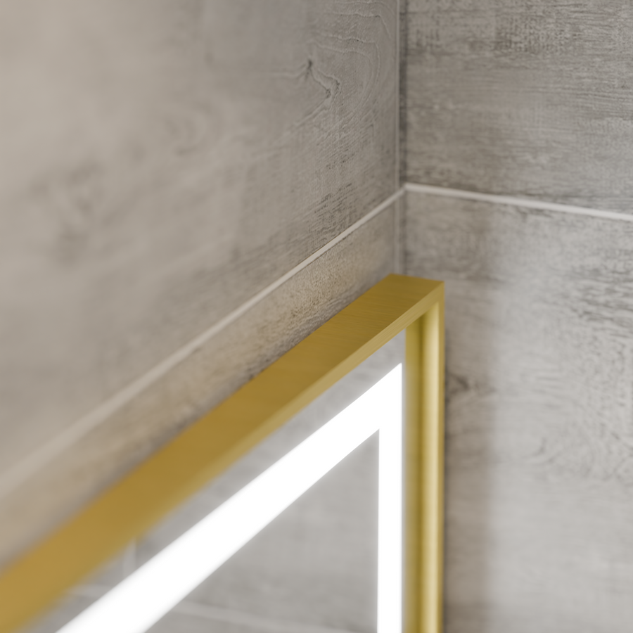 Oglinda LED Rectangulara, 80x60cm, Eclat MotionGlow Marcello, Sistem Dezaburire, Ceas & Termometru, Lupa Cosmetica, Dimabila, Rama Auriu Brushed