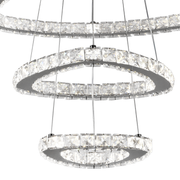 Lustra LED suspendata cu telecomanda si cristal PRISM LUMORA 61W, 3 Cercuri, lumina Rece/Calda/Neutra, Dimabila, Crom Lucios, Inaltime Reglabila