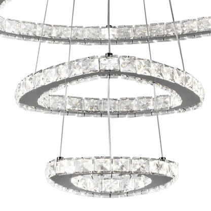 Lustra LED suspendata cu telecomanda si cristal PRISM LUMORA 61W, 3 Cercuri, lumina Rece/Calda/Neutra, Dimabila, Crom Lucios, Inaltime Reglabila