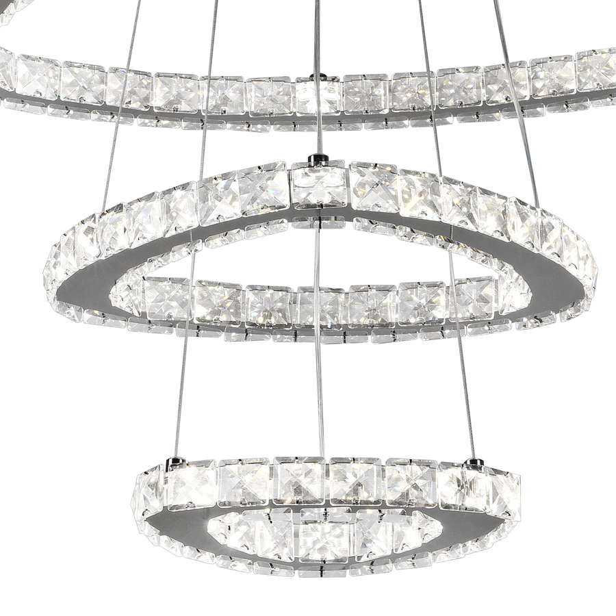 Lustra LED suspendata cu telecomanda si cristal PRISM LUMORA 61W, 3 Cercuri, lumina Rece/Calda/Neutra, Dimabila, Crom Lucios, Inaltime Reglabila