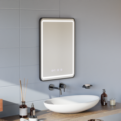 Oglinda LED Touch LUCIDA Sistem Dezaburire, Ceas si Temperatura 60x80 cm Rama Negru Brushed