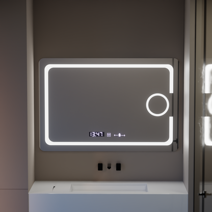 Oglinda LED Rectangulara, 110x75cm, Eclat MotionGlow Marcello, Sistem Dezaburire, Ceas & Termometru, Lupa Cosmetica, Dimabila