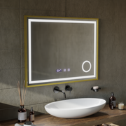 Oglinda LED Touch CLARUS Sistem Dezaburire, Ceas si Temperatura 80x60 cm Rama Auriu Brushed Lupa Cosmetica