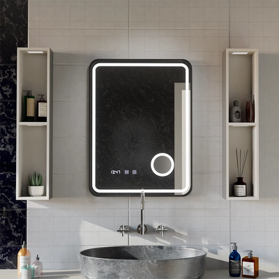 Oglinda LED Touch Ulrich Sistem Dezaburire, Ceas si Temperatura 75x90 cm Rama Negru Brushed Lupa Cosmetica
