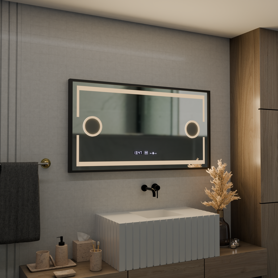 Oglinda LED Senzor MotionGlow Domingo cu functie Dezaburire Termometru Ceas 120x65 cm Lumina Rece/Calda/Neutra Dimabila, Rama Negru Brushed, colectia Marcello Funghi
