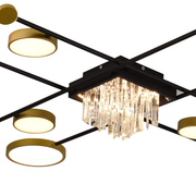 Lustra LED cu telecomanda si cristal GUIDA 46W, 8 Elemente, lumina Rece/Calda/Neutra, Dimabila, Negru Auriu