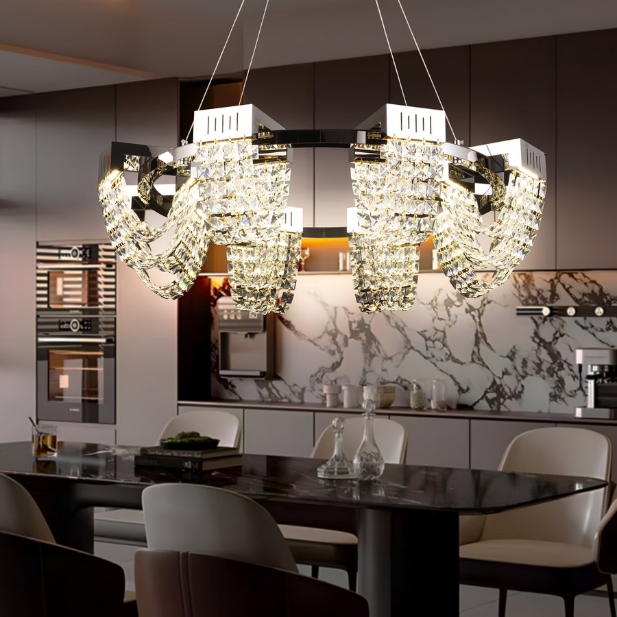 Candelabru Cristal LED 40W, CC370/800CH, Diametru 80cm, Crom Lucios, Inaltime Reglabila, Lumina Calda Neutra Rece 3000K/4000K/6000K, Metal si Cristal