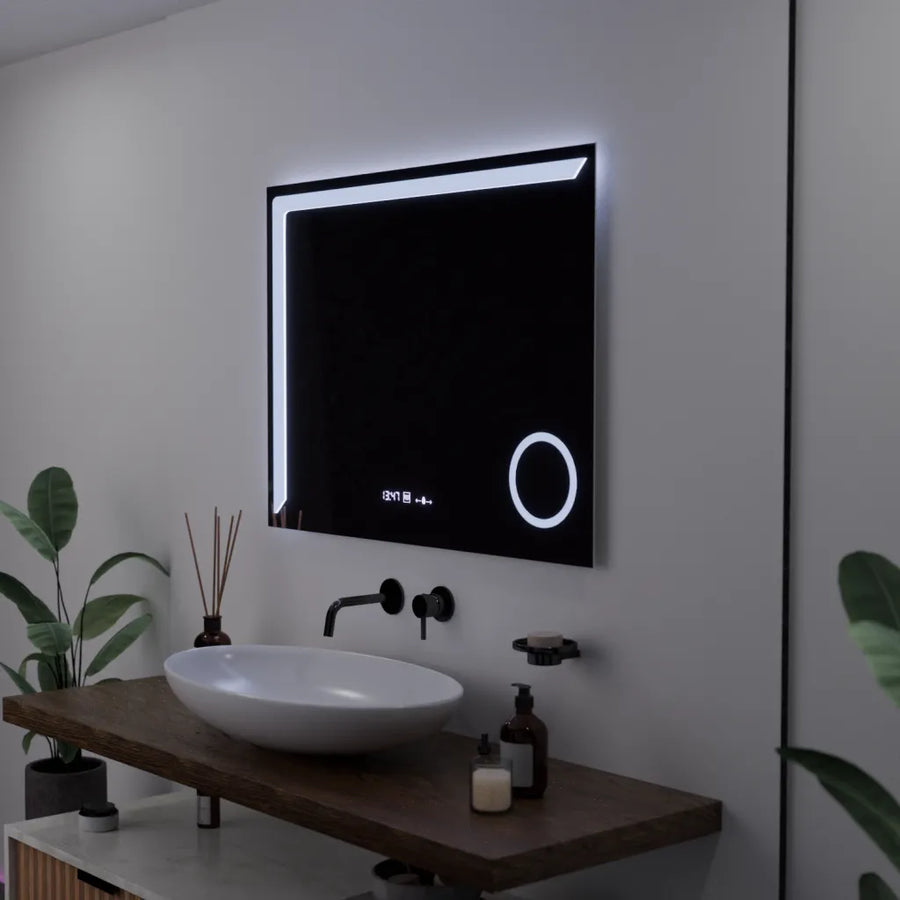 Oglinda LED Rectangulara, 80x60cm, Precision MotionGlow Marcello, Sistem Dezaburire, Ceas & Termometru, Lupa Cosmetica, Dimabila