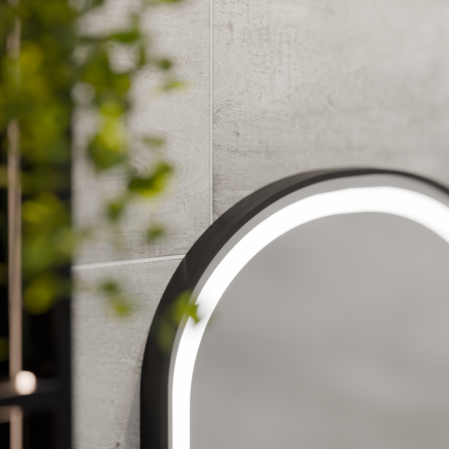 Oglinda LED Senzor Helmut Sistem Dezaburire, Ceas si Temperatura 50x90 cm Rama Negru Brushed Marcello Funghi