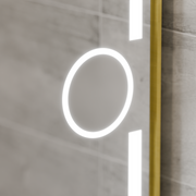 Oglinda LED Rectangulara, 120x80cm, Eclat MotionGlow Marcello, Sistem Dezaburire, Ceas & Termometru, Lupa Cosmetica, Dimabila, Rama Auriu Brushed