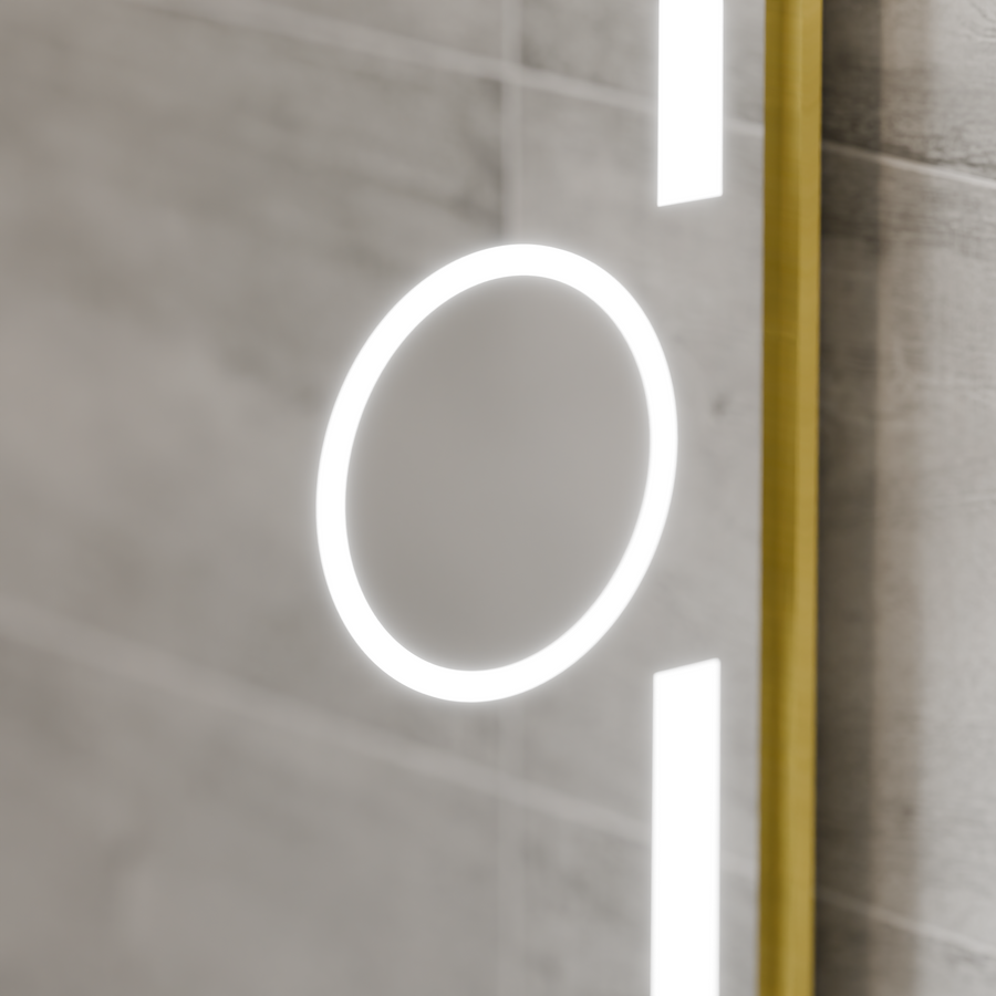 Oglinda LED Rectangulara, 120x80cm, Eclat MotionGlow Marcello, Sistem Dezaburire, Ceas & Termometru, Lupa Cosmetica, Dimabila, Rama Auriu Brushed