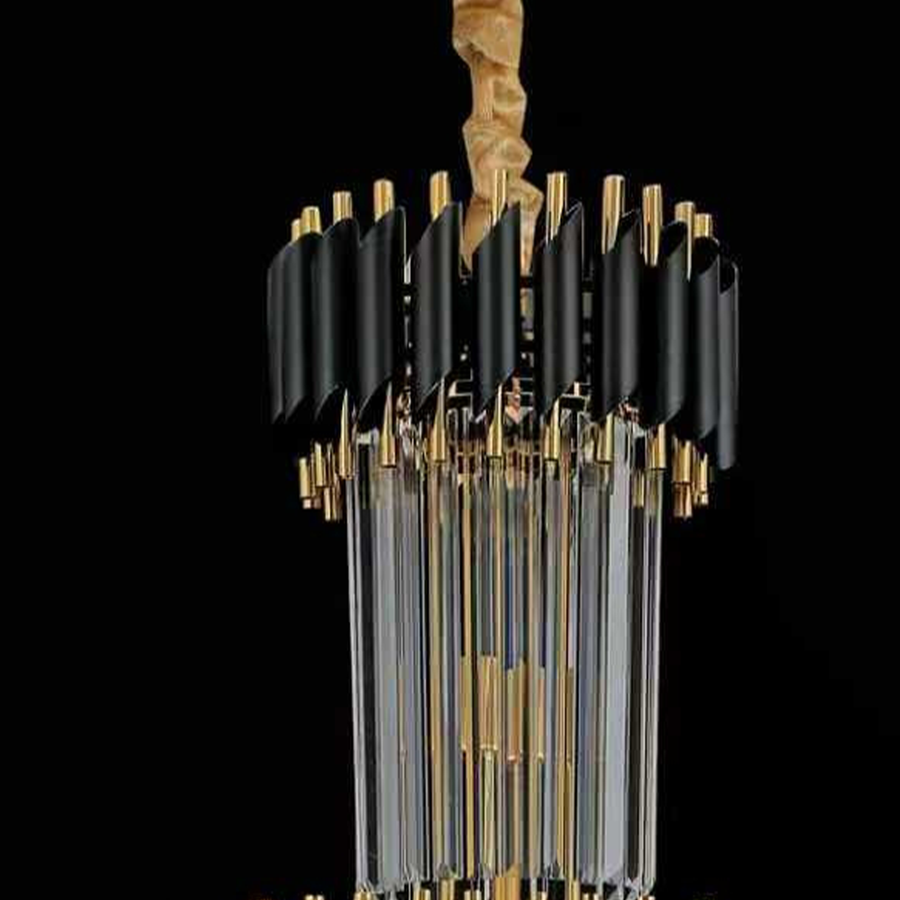 Candelabru Cristal CC900/600X1800, 26xE14, Diametru 60cm, Inaltime 1800cm, Auriu Lucios si Negru, Inaltime Reglabila, Design Elegant