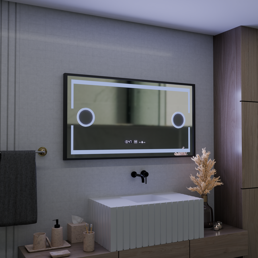 Oglinda LED Senzor MotionGlow Domingo cu functie Dezaburire Termometru Ceas 120x65 cm Lumina Rece/Calda/Neutra Dimabila, Rama Negru Brushed, colectia Marcello Funghi