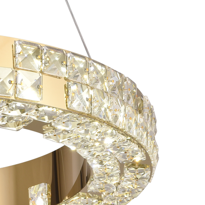 Lustra LED cu Telecomanda, LLC135/2GD, Cristal si Metal, 80W, 2 Cerc, Dimabila, Inaltime Reglabila, Lumina Rece/Calda/Neutra 3000K/4000K/6000K, Iluminat Luxos