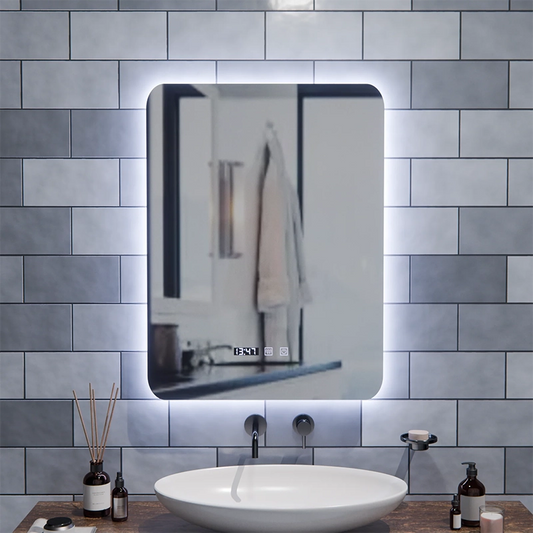 Oglinda LED Dreptunghiulara ARTAR Touch, 60X80cm, Sistem Dezaburire, Dimabila, Ceas si Temperatura, Lumina Calda Neutra Rece 3000K/4000K/6000K