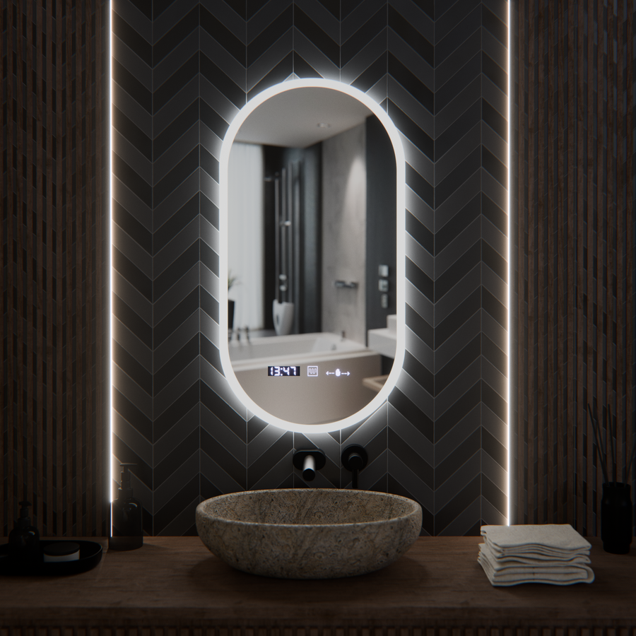 Oglinda LED Ovala, 50x100cm, Lucia Senzor Marcello, Sistem Dezaburire, Ceas & Termometru, Dimabila