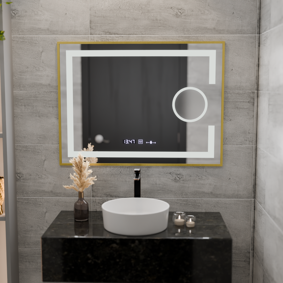 Oglinda LED Rectangulara, 80x60cm, Eclat MotionGlow Marcello, Sistem Dezaburire, Ceas & Termometru, Lupa Cosmetica, Dimabila, Rama Auriu Brushed