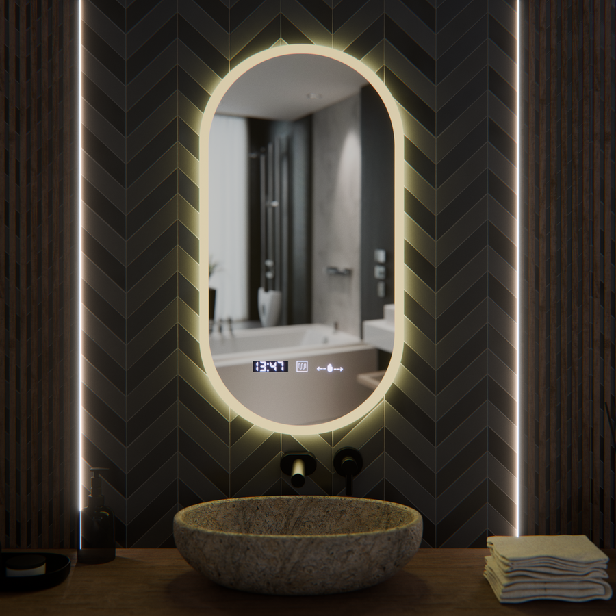 Oglinda LED Ovala, 50x100cm, Lucia Senzor Marcello, Sistem Dezaburire, Ceas & Termometru, Dimabila