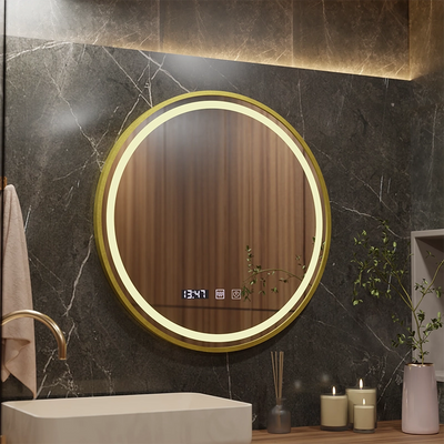 Oglinda LED Touch LUSSO, Sistem Dezaburire, Ceas si Temperatura, Diametru 60cm, Rama Auriu Brushed, Lumina Calda Rece Neutra 3000K/4500K/6000K, Dimabila