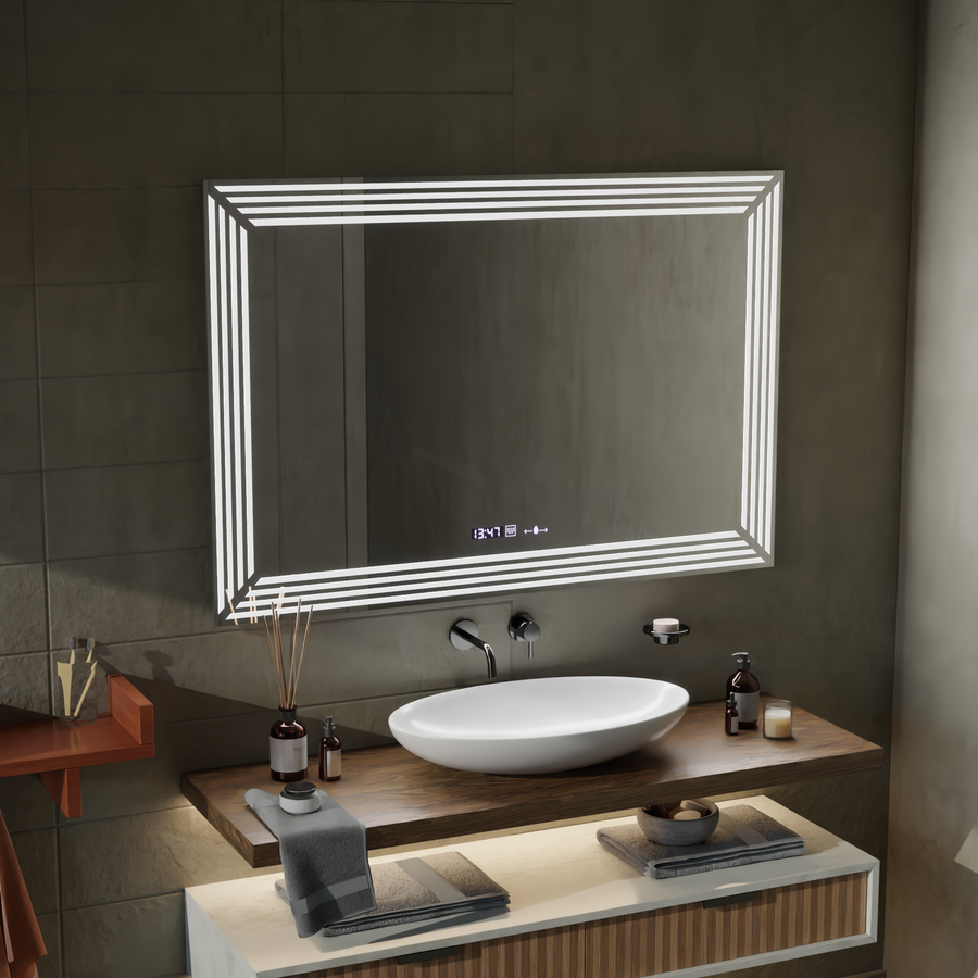 Oglinda LED Rectangulara, 120x80cm, Venezia Senzor MotionGlow Marcello, Sistem Dezaburire, Ceas & Termometru, Dimabila
