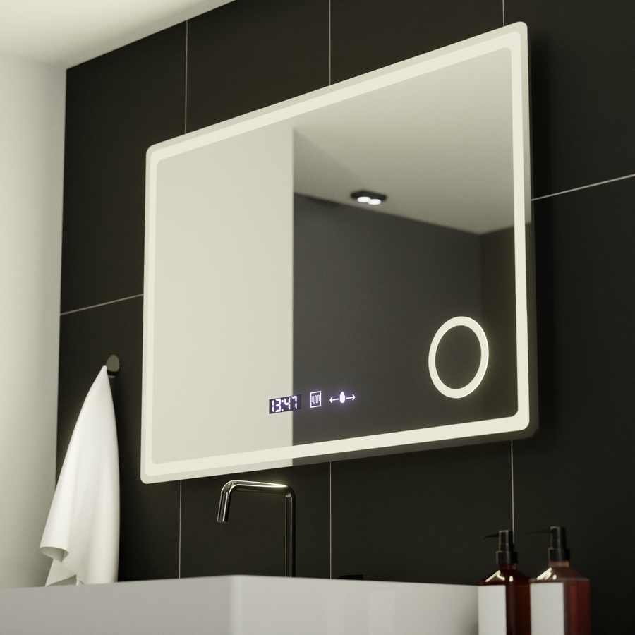 Oglinda LED Rectangulara, 90x60cm, Velour MotionGlow Marcello, Sistem Dezaburire, Ceas & Termometru, Lupa Cosmetica,  Dimabila