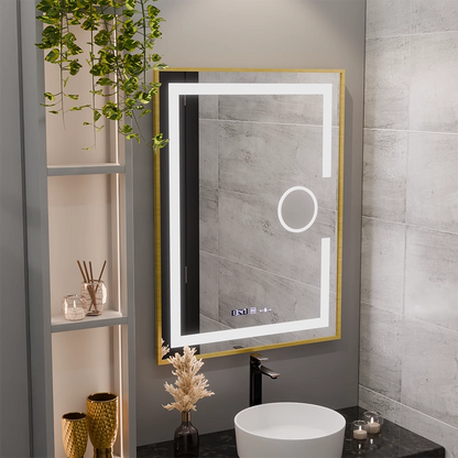 Oglinda LED Rectangulara, 60x80cm, Eclat MotionGlow Marcello, Sistem Dezaburire, Ceas & Termometru, Lupa Cosmetica, Dimabila, Rama Auriu Brushed