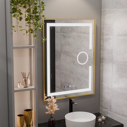 Oglinda LED Rectangulara, 60x80cm, Eclat MotionGlow Marcello, Sistem Dezaburire, Ceas & Termometru, Lupa Cosmetica, Dimabila, Rama Auriu Brushed