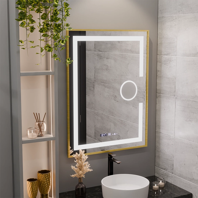 Oglinda LED Rectangulara, 60x80cm, Eclat MotionGlow Marcello, Sistem Dezaburire, Ceas & Termometru, Lupa Cosmetica, Dimabila, Rama Auriu Brushed