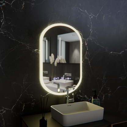 Oglinda LED Ovala, 50x80cm, Lucia Senzor Marcello, Sistem Dezaburire, Ceas & Termometru, Dimabila