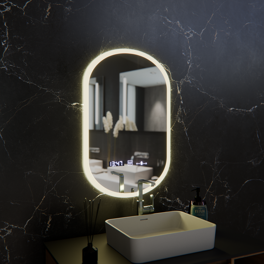 Oglinda LED Ovala, 50x80cm, Lucia Senzor Marcello, Sistem Dezaburire, Ceas & Termometru, Dimabila