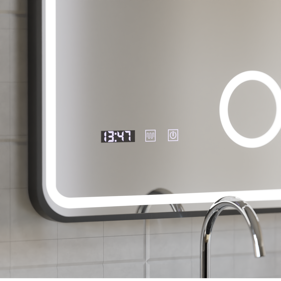 Oglinda LED Touch Ulrich Sistem Dezaburire, Ceas si Temperatura 60x80 cm Rama Negru Brushed Lupa Cosmetica