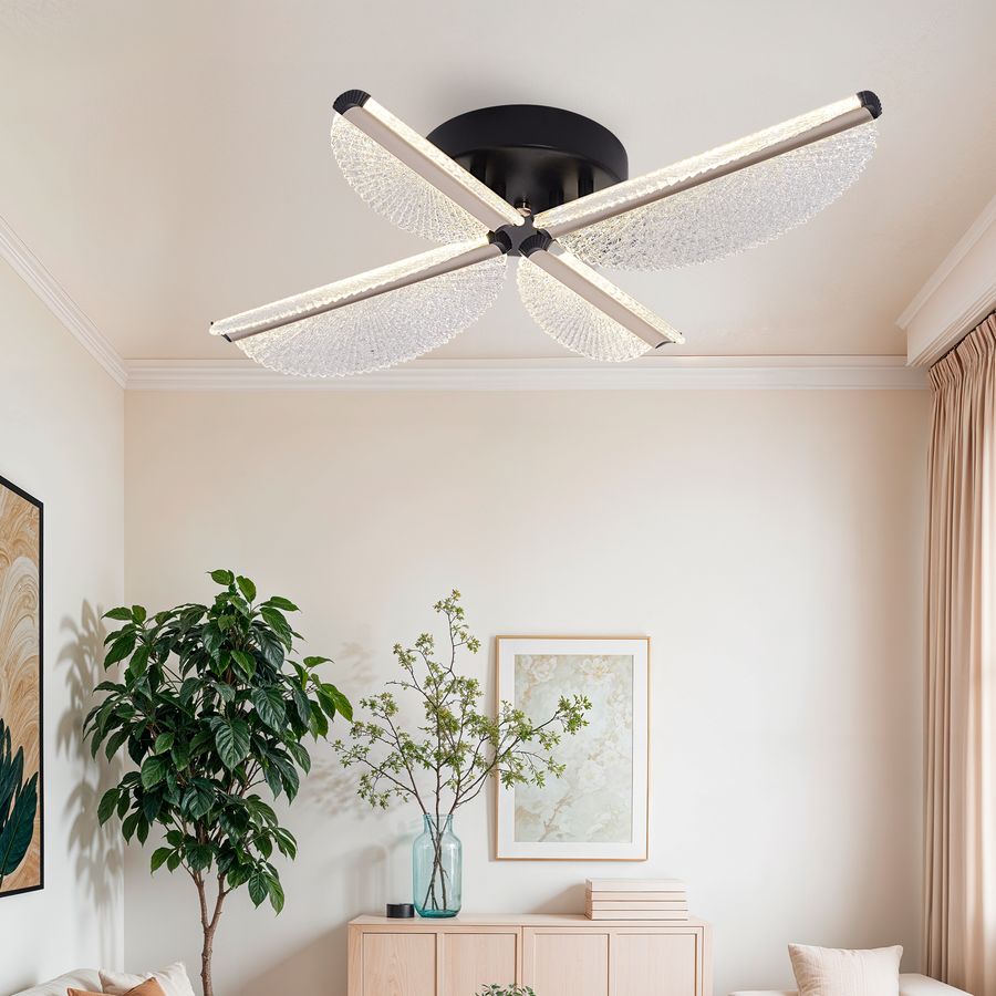 Lustra LED cu Telecomanda TULLIO 45W, 4 Petale, lumina Rece/Calda/Neutra, Dimabila, Negru