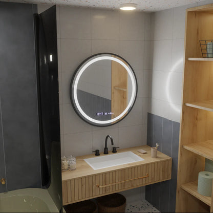 Oglinda LED Rotunda, 60cm, Celeste Majeste Noir Eleve MotionGlow Marcello, Sistem Dezaburire, Ceas & Termometru, Dimabila