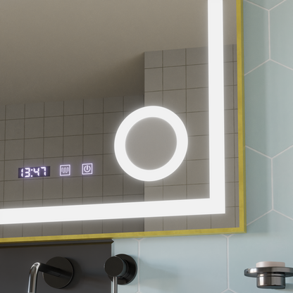 Oglinda LED Touch CLARUS Sistem Dezaburire, Ceas si Temperatura 60x80 cm Rama Auriu Brushed Lupa Cosmetica