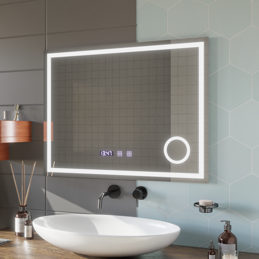 Oglinda LED Touch NIVERA Sistem Dezaburire, Ceas si Temperatura 80x60 cm Lupa Cosmetica