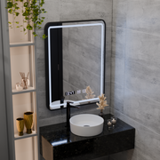 Oglinda LED Touch LUCIDA Sistem Dezaburire, Ceas si Temperatura 50x70 cm Rama Negru Brushed