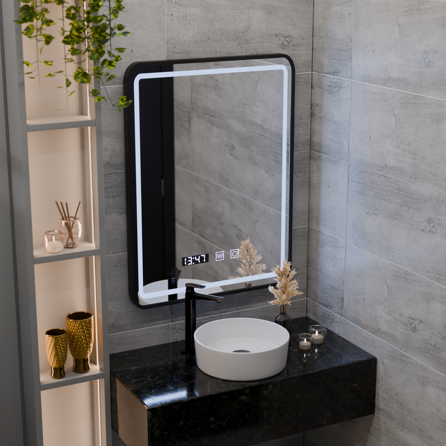 Oglinda LED Touch LUCIDA Sistem Dezaburire, Ceas si Temperatura 50x70 cm Rama Negru Brushed