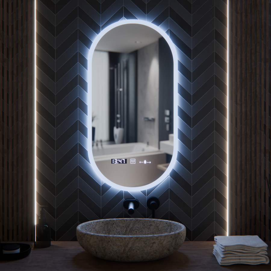 Oglinda LED Ovala, 50x100cm, Lucia Senzor Marcello, Sistem Dezaburire, Ceas & Termometru, Dimabila