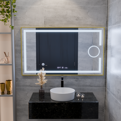 Oglinda LED Rectangulara, 120x80cm, Eclat MotionGlow Marcello, Sistem Dezaburire, Ceas & Termometru, Lupa Cosmetica, Dimabila, Rama Auriu Brushed