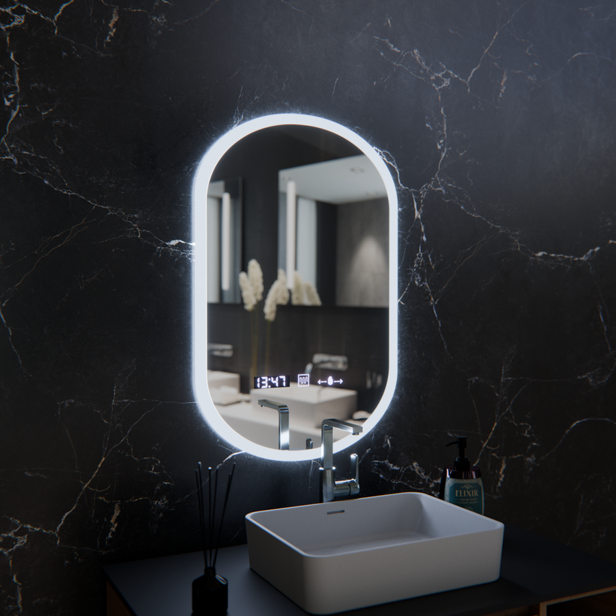 Oglinda LED Ovala, 50x80cm, Lucia Senzor Marcello, Sistem Dezaburire, Ceas & Termometru, Dimabila