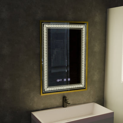 Oglinda LED Touch Bruno Sistem Dezaburire, Ceas si Temperatura 60x80 cm Rama Auriu Brushed, S84/60X80