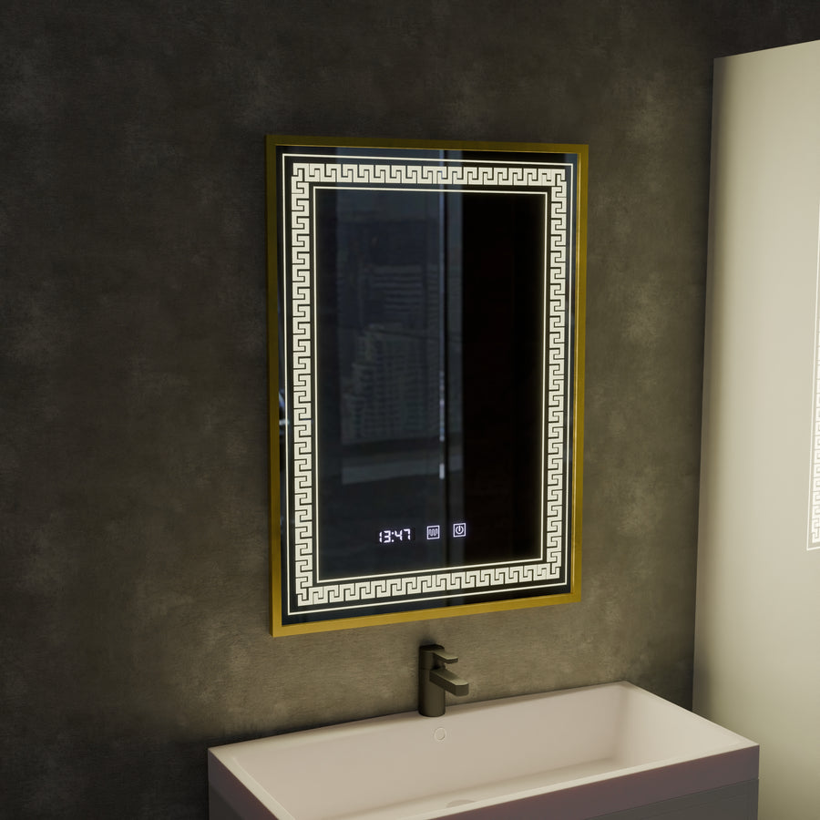 Oglinda LED Touch Bruno Sistem Dezaburire, Ceas si Temperatura 60x80 cm Rama Auriu Brushed, S84/60X80