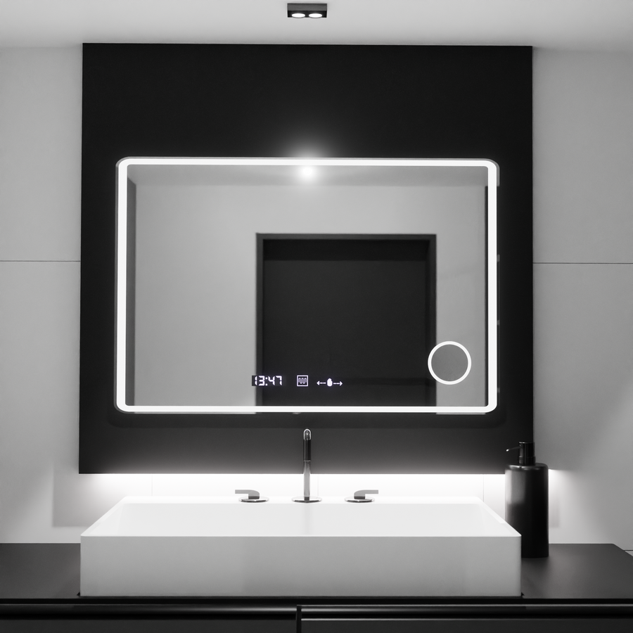 Oglinda LED Rectangulara 120x80 Aura Riflesso Puro MotionGlow Marcello, Sistem Dezaburire, Termometru si Ceas, Dimabila